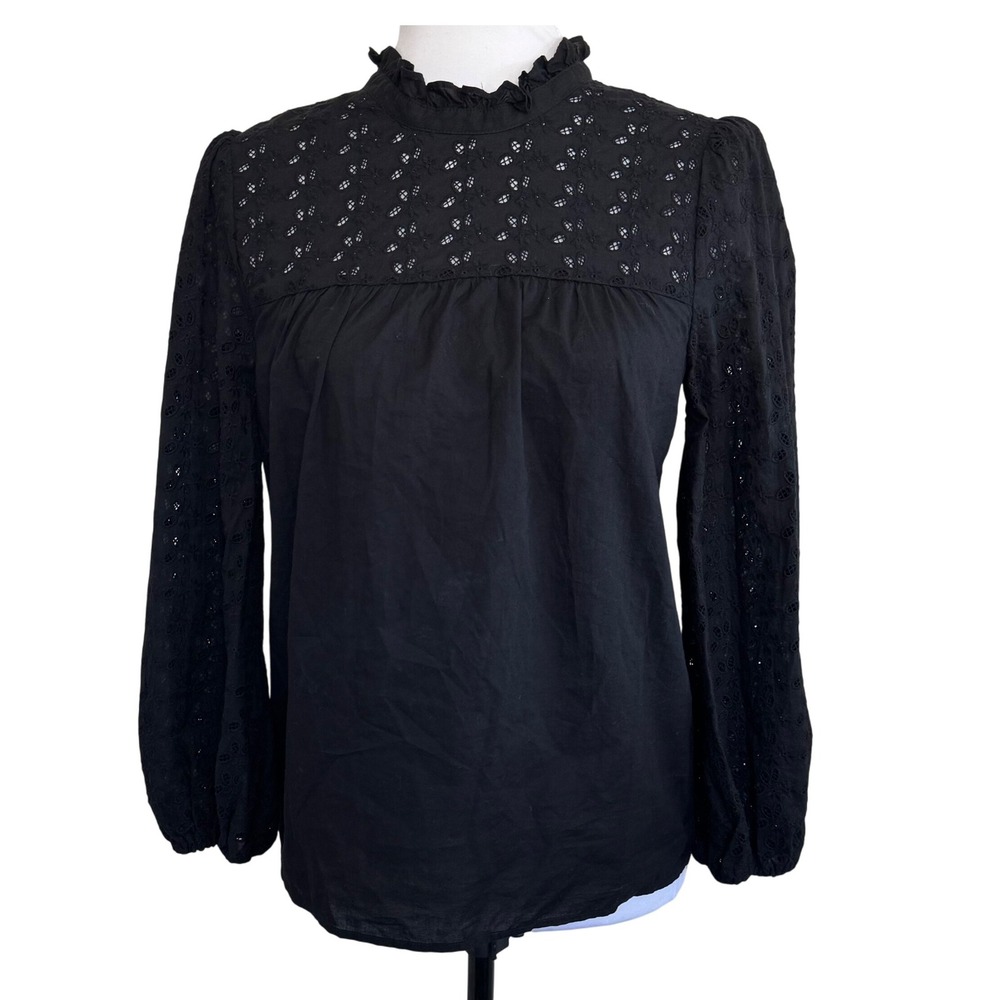 Madewell Top Black Eyelet Ruffle Neck Long Sleeve Peasant Boho Full Coverage XS